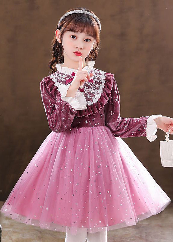 Purple Ruffled Velour Patchwork Tulle Baby Dress Fall