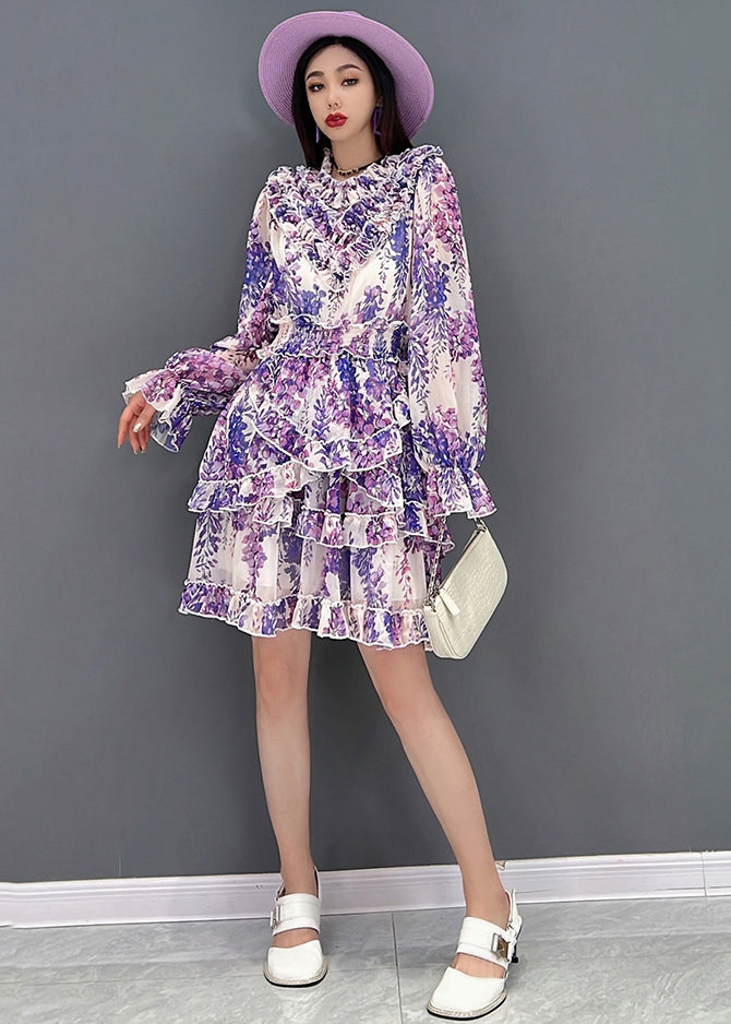 Purple Stand Collarasymmetrical Ruffled Chiffon Mid Dress Long Sleeve