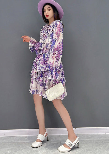 Purple Stand Collarasymmetrical Ruffled Chiffon Mid Dress Long Sleeve