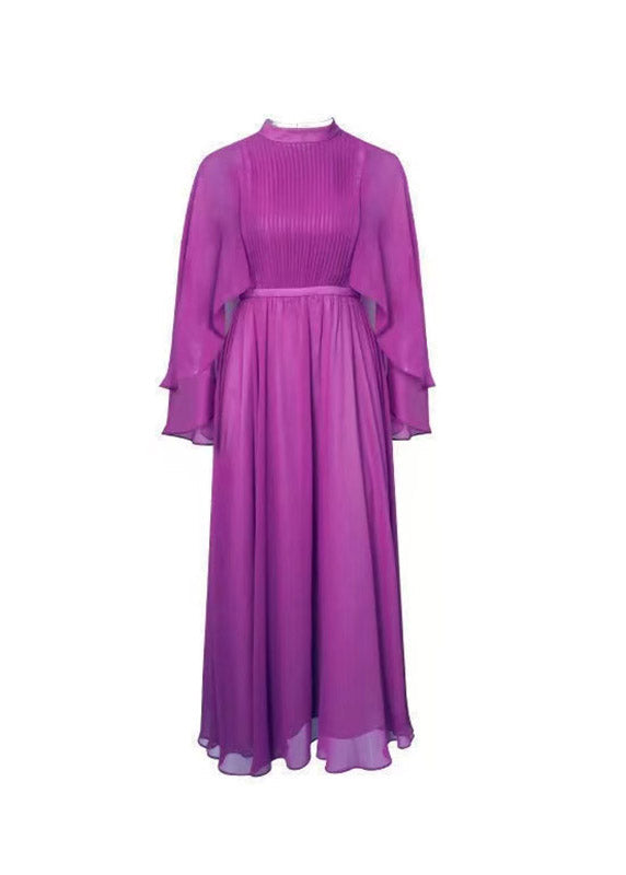 Purple Turtleneck High Waist Chiffon Long Dresses Three Quarter Sleeve