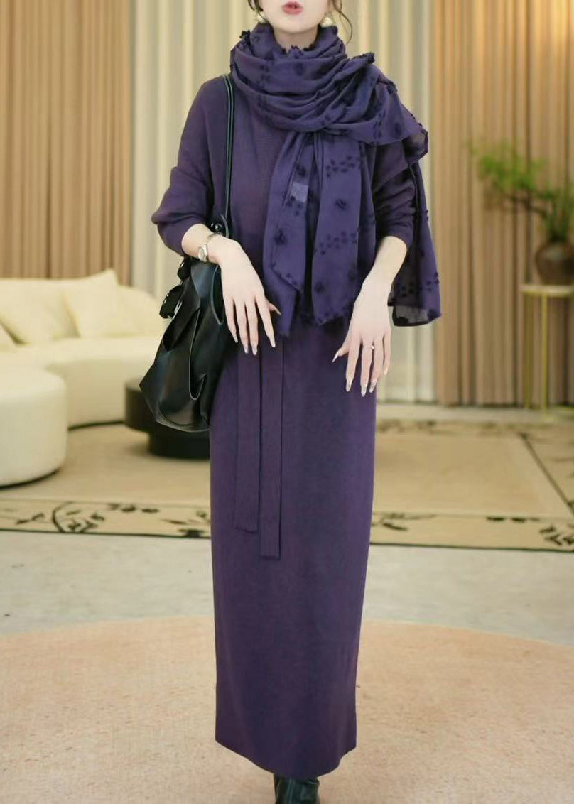 Purple V Neck Cozy Knit Long Sweater Winter