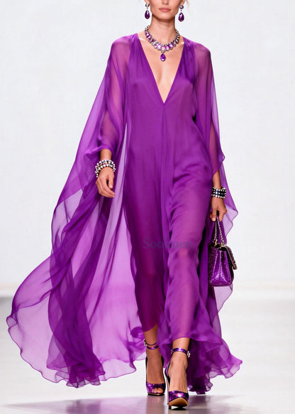 Purple V Neck Exra Large Hem Chiffon Holiday Dress Summer