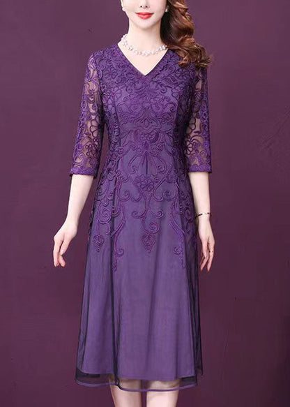 Purple V Neck Lace Patchwork Tulle Dresses Half Sleeve