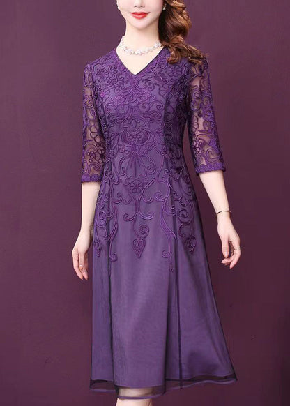 Purple V Neck Lace Patchwork Tulle Dresses Half Sleeve