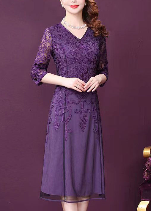 Purple V Neck Lace Patchwork Tulle Dresses Half Sleeve