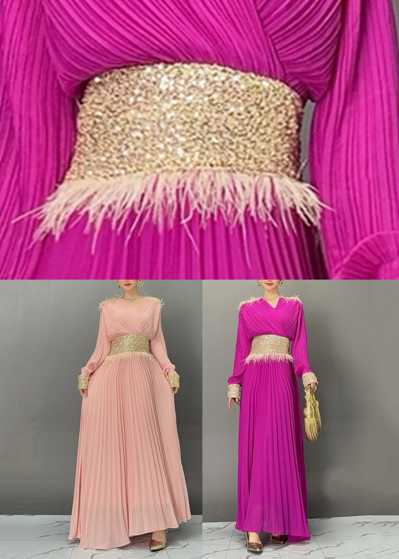 Purple V Neck Long Dresses Lantern Sleeve