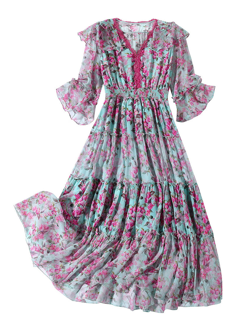 Purple V Neck Print Patchwork Tunic Silk Long Dress Long Sleeve