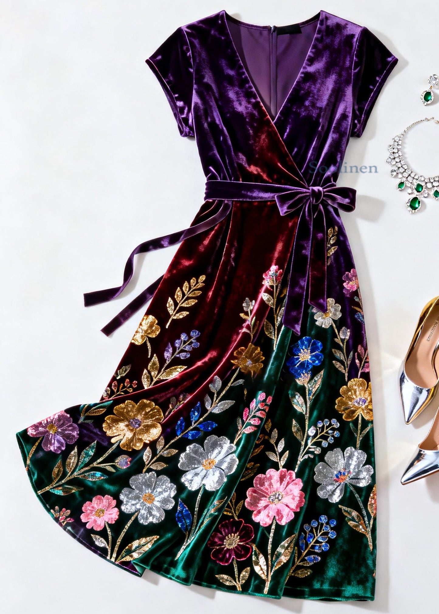 Purple V Neck Print Tie Waist Silk Velvet Dress Summer