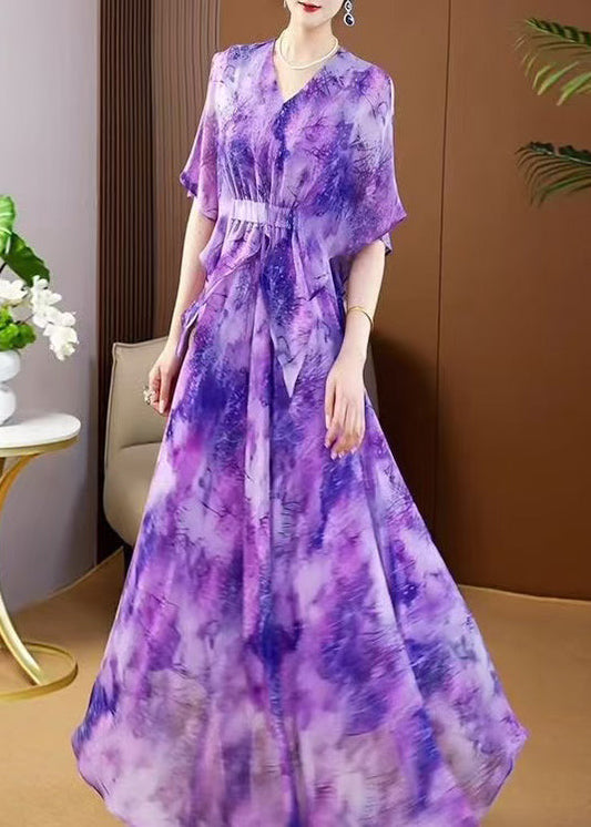 Purple V Neck Print Wrinkled Chiffon Maxi Dress Summer