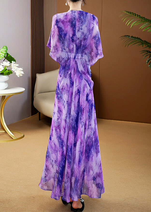 Purple V Neck Print Wrinkled Chiffon Maxi Dress Summer