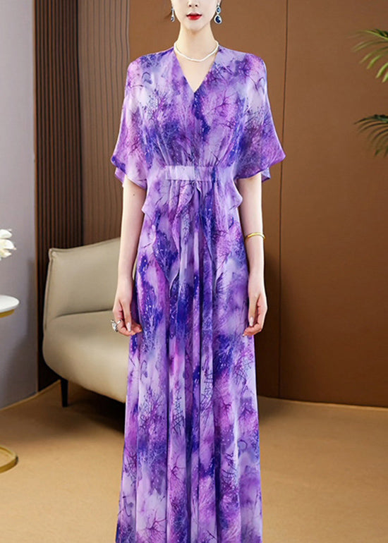 Purple V Neck Print Wrinkled Chiffon Maxi Dress Summer