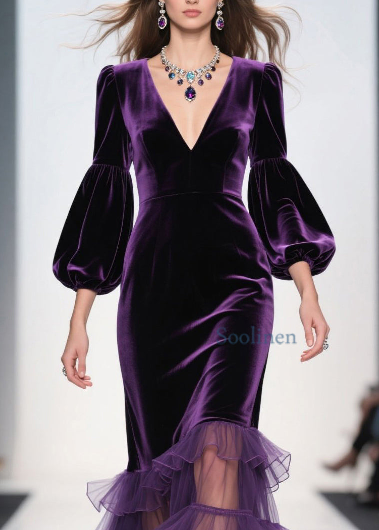 Purple V Neck Ruffled Patchwork Velvet Maxi Dresses Spring