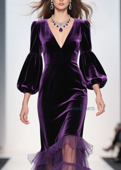 Purple V Neck Ruffled Patchwork Velvet Maxi Dresses Spring