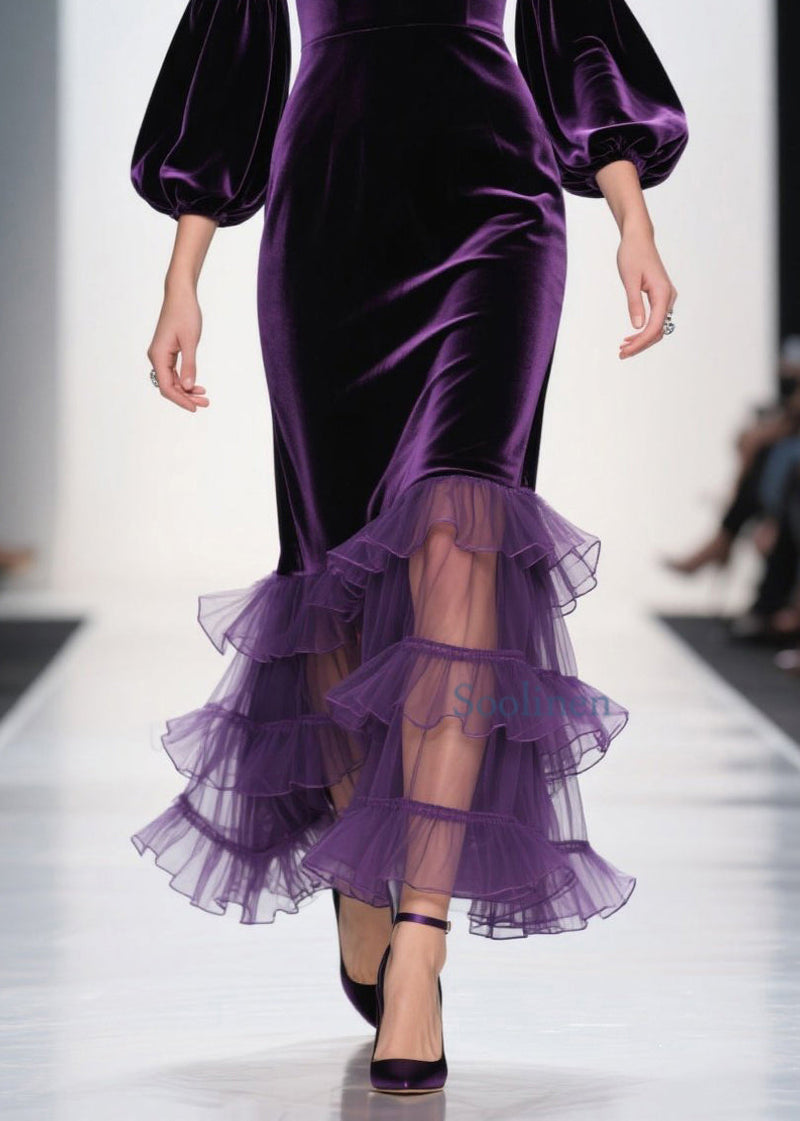 Purple V Neck Ruffled Patchwork Velvet Maxi Dresses Spring