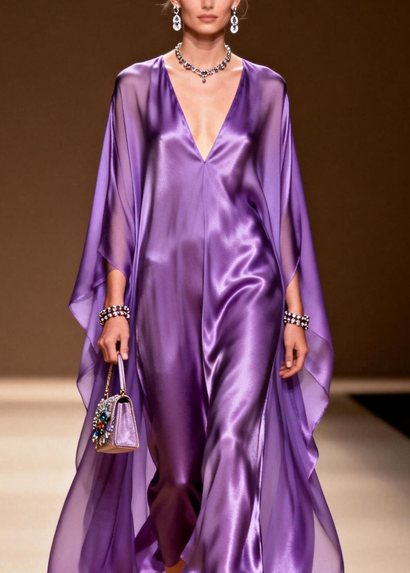 Purple V Neck Silk Long Dress Spring