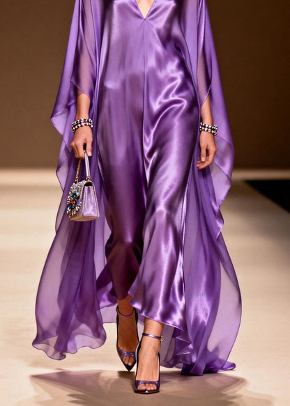 Purple V Neck Silk Long Dress Spring