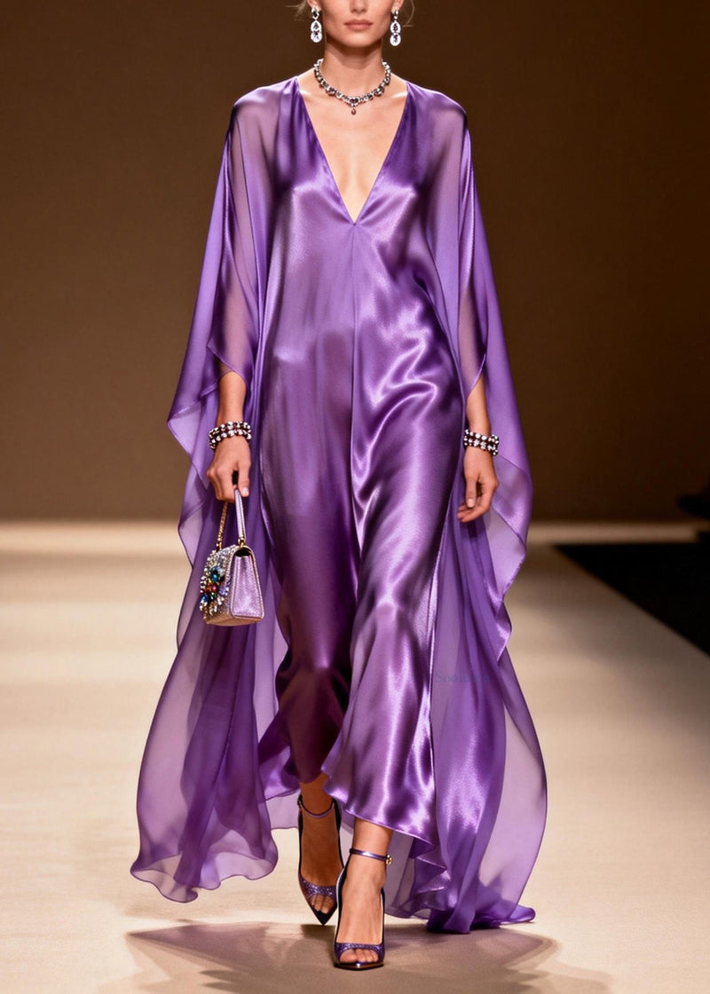Purple V Neck Silk Long Dress Spring