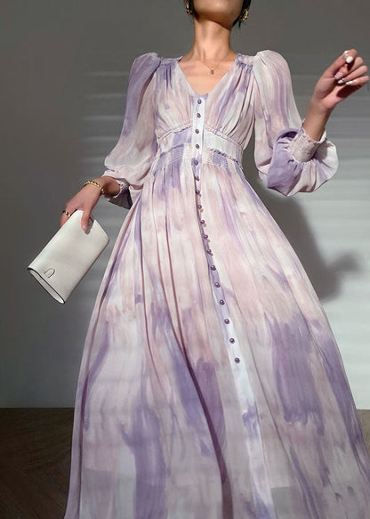 Purple V Neck Tie Dye Print Button Silk Long Dress Long Sleeve