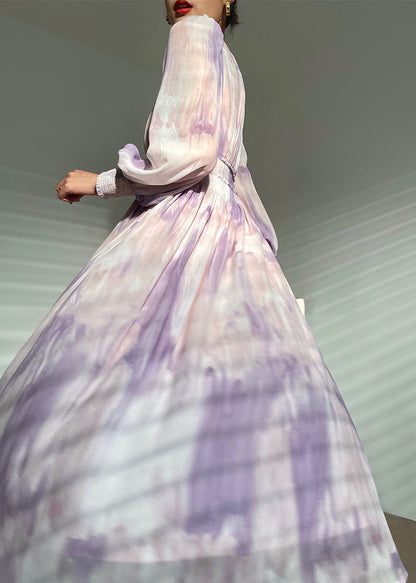 Purple V Neck Tie Dye Print Button Silk Long Dress Long Sleeve