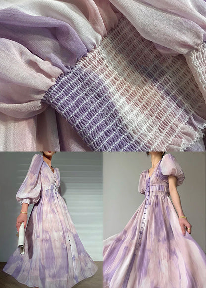 Purple V Neck Tie Dye Print Button Silk Long Dress Long Sleeve