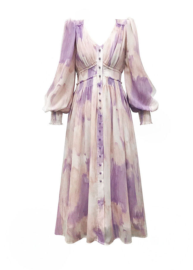 Purple V Neck Tie Dye Print Button Silk Long Dress Long Sleeve