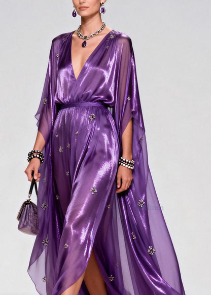 Purple V Neck Zircon Chiffon Long Dress Summer