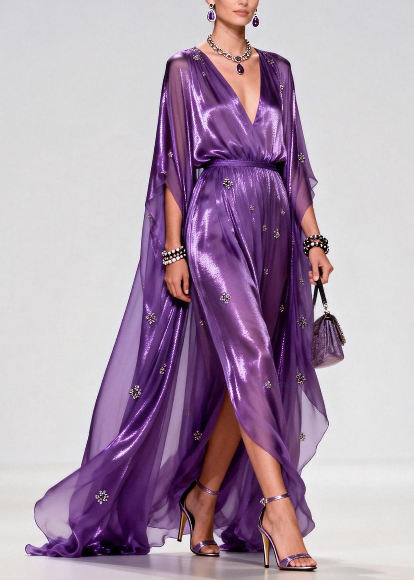 Purple V Neck Zircon Chiffon Long Dress Summer