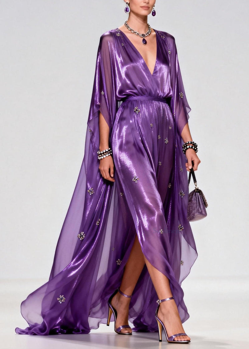 Purple V Neck Zircon Chiffon Long Dress Summer