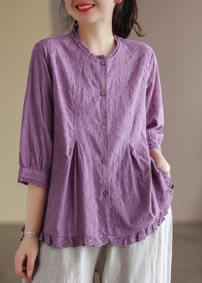 Purple Wrinkled Embroideried Linen Shirts Bracelet Sleeve