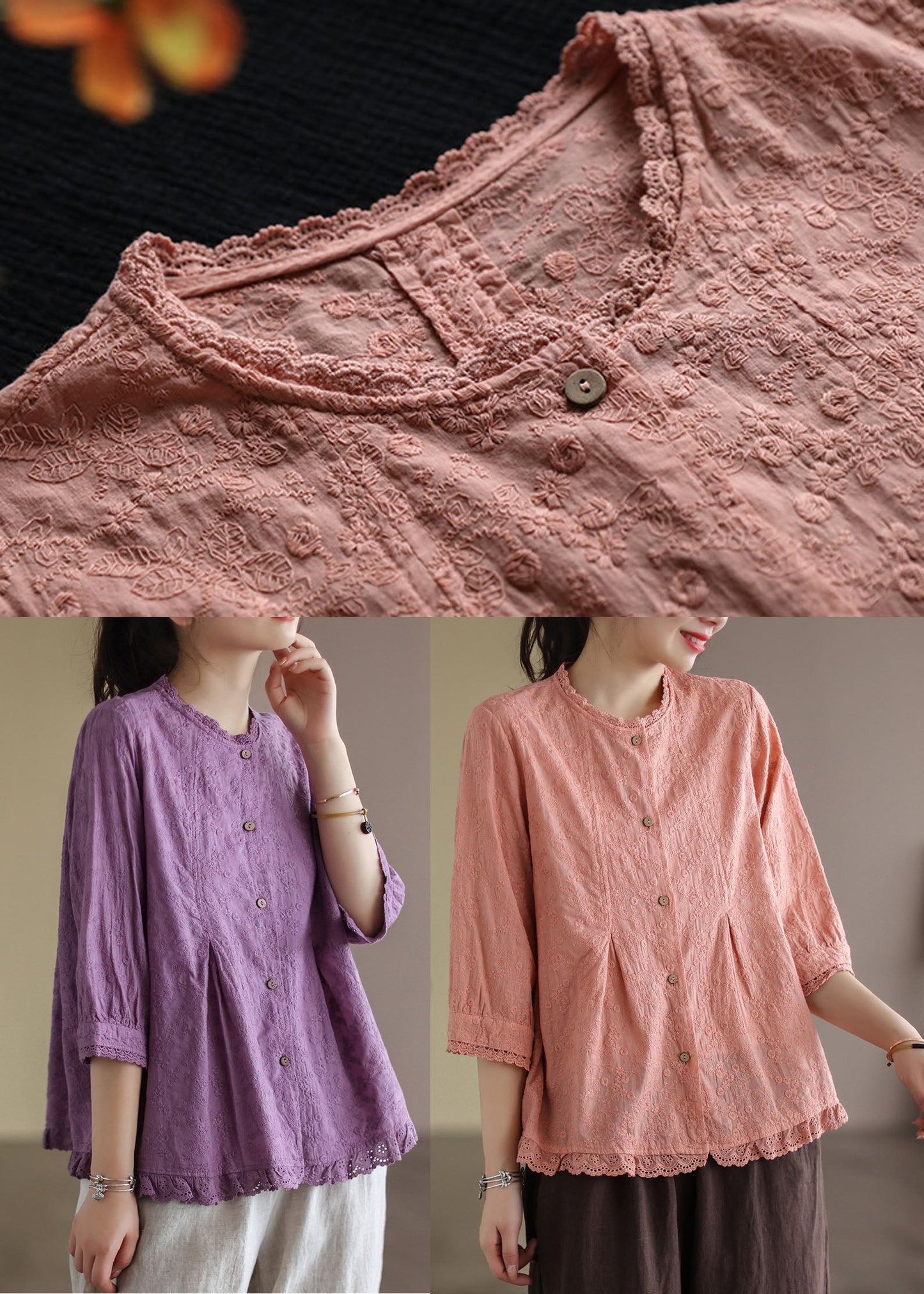 Purple Wrinkled Embroideried Linen Shirts Bracelet Sleeve