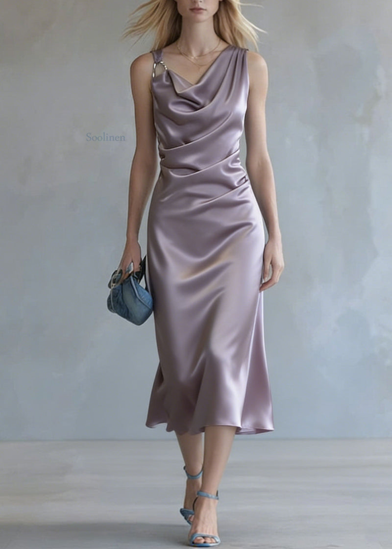 Purple Wrinkled Silk Spaghetti Strap Dress Summer