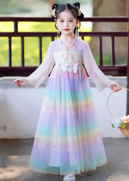 Rainbow Gradient Color Patchwork Tulle Kids Vacation Long Dresses Long Sleeve
