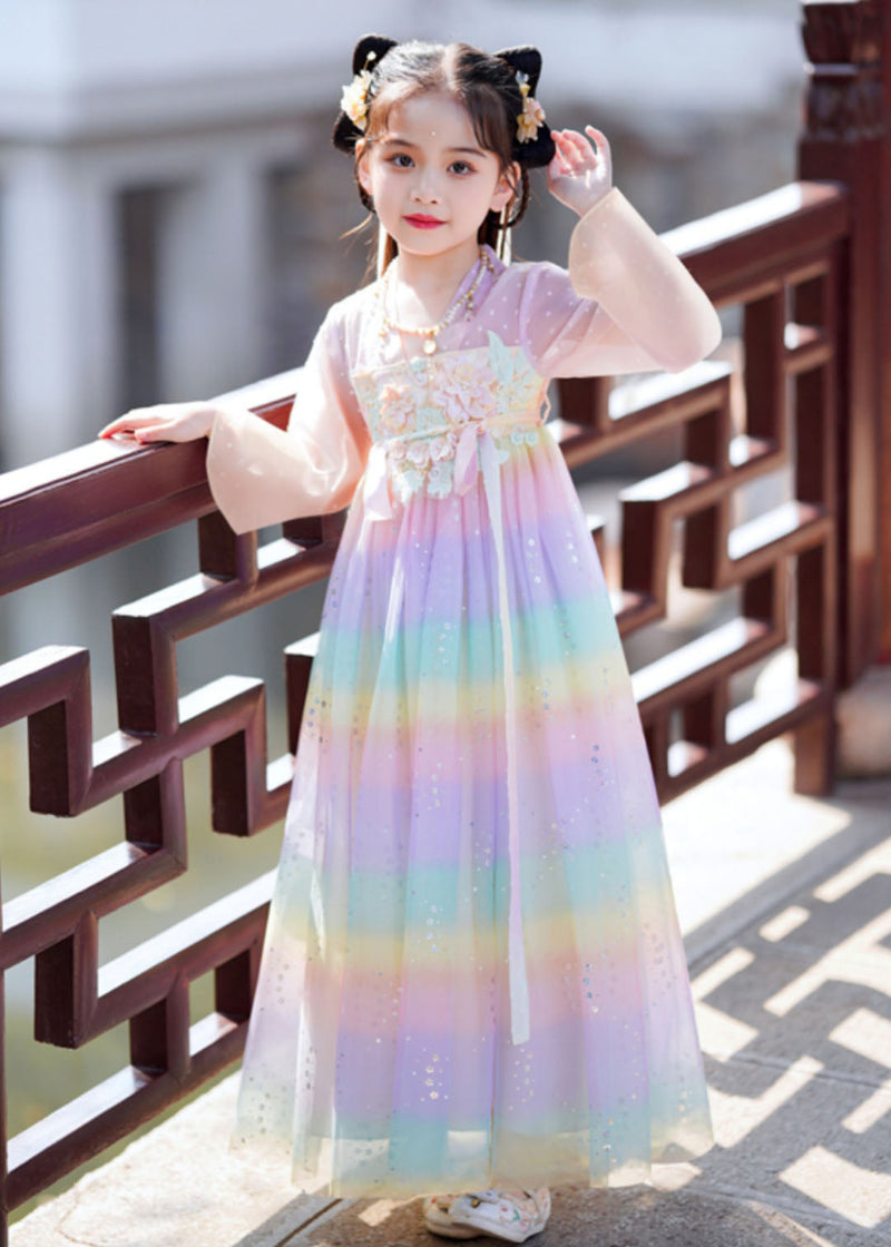 Rainbow Gradient Color Patchwork Tulle Kids Vacation Long Dresses Long Sleeve