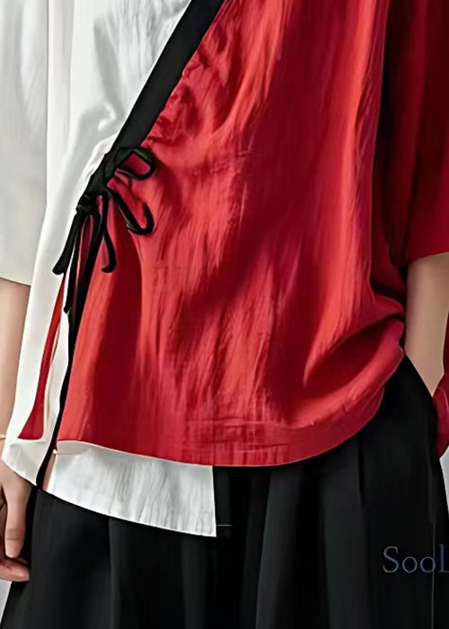 Red Asymmetrical Lace Up Cotton Tops Bracelet Sleeve