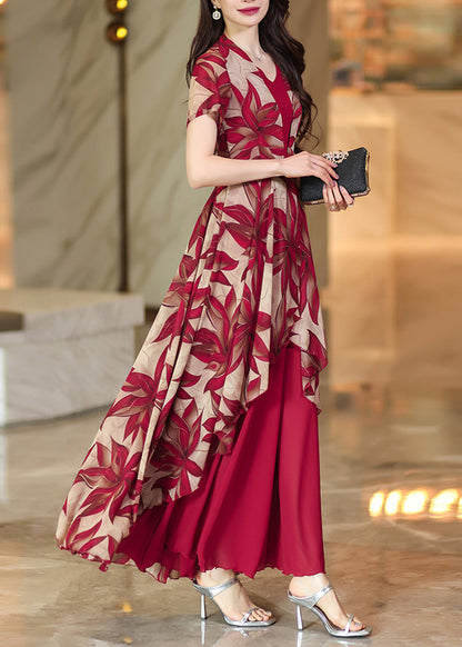 Red Asymmetrical Patchwork Print Chiffon Dress Summer