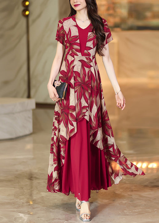 Red Asymmetrical Patchwork Print Chiffon Dress Summer