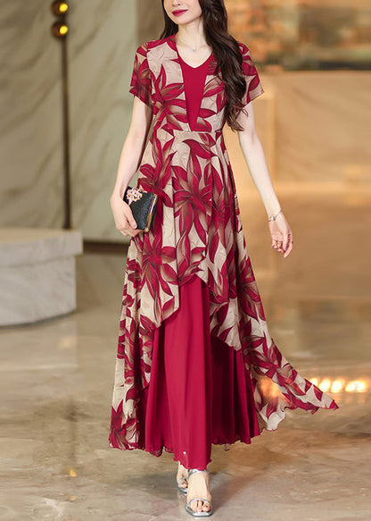 Red Asymmetrical Patchwork Print Chiffon Dress Summer