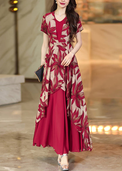 Red Asymmetrical Patchwork Print Chiffon Dress Summer