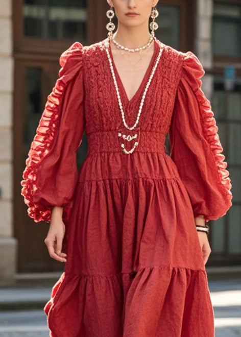 Red Cinched Wrinkled Cotton Holiday Dress Spring