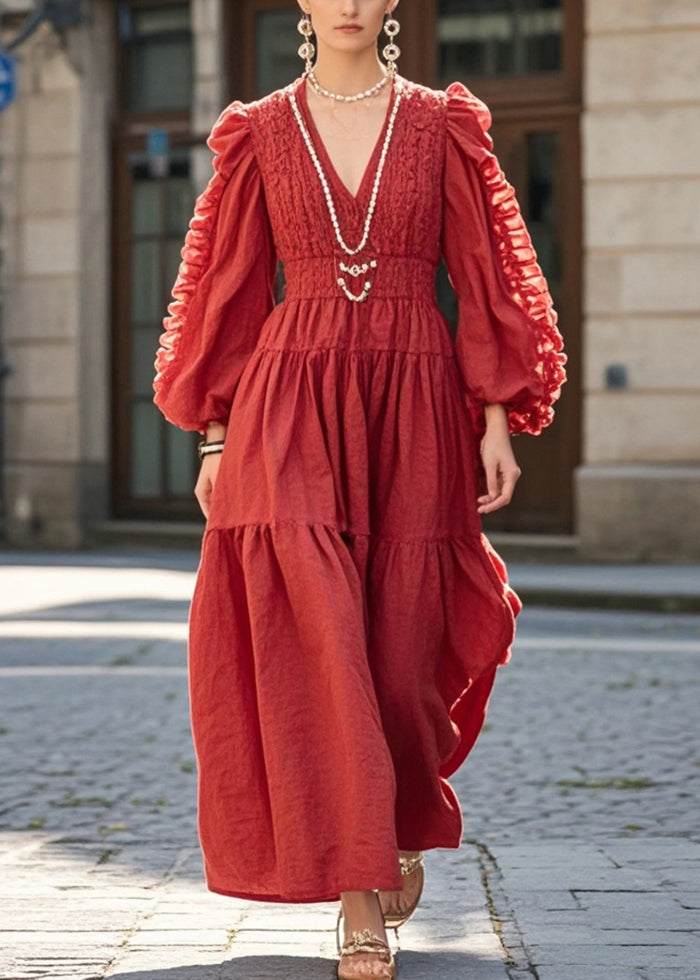 Red Cinched Wrinkled Cotton Holiday Dress Spring