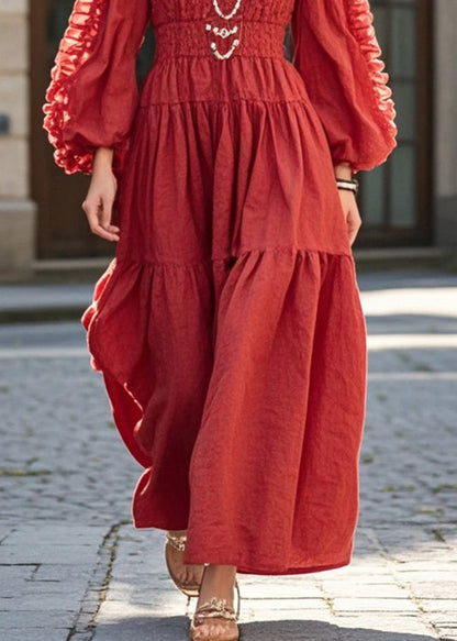 Red Cinched Wrinkled Cotton Holiday Dress Spring