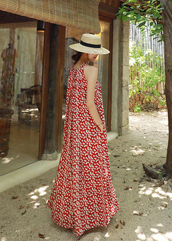 Red Colour O-neck Print Pockets Chiffon Jumpsuits Pants Summer