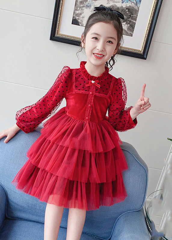 Red Dot Print Tulle Kids Long Princess Dress Long Sleeve