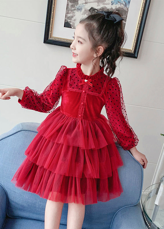 Red Dot Print Tulle Kids Long Princess Dress Long Sleeve
