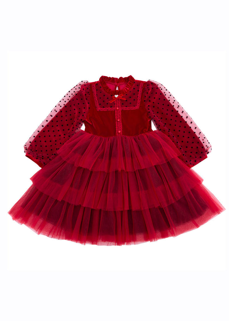 Red Dot Print Tulle Kids Long Princess Dress Long Sleeve
