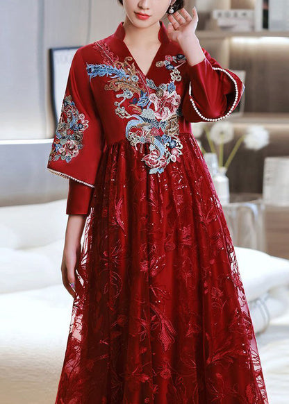 Red Embroidered Patchwork Lace Long Dress Spring
