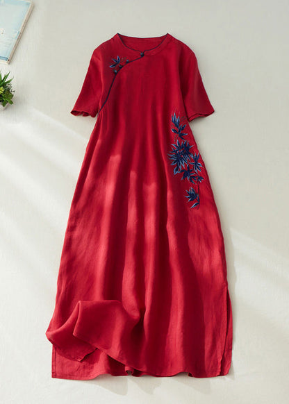 Red Embroidered Side Open Long Dress Short Sleeve