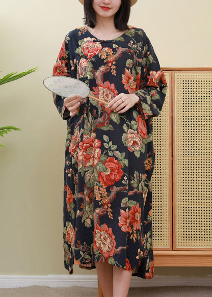 Red Print O-neck Inclined Plate Buckle Dress Long Sleeve