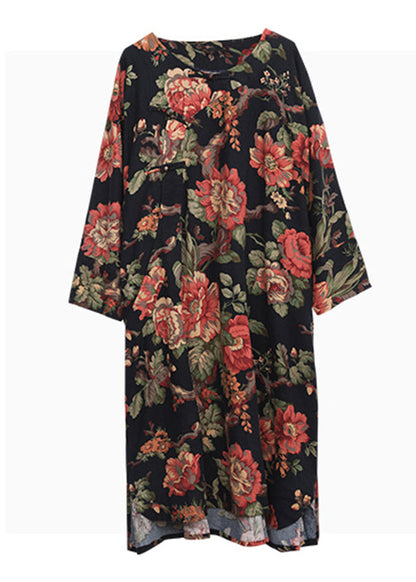 Red Print O-neck Inclined Plate Buckle Dress Long Sleeve