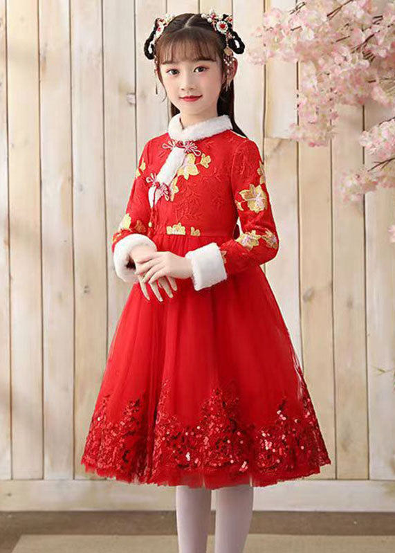 Red Fur Collar Sequins Patchwork Button Tulle Long Dress Winter